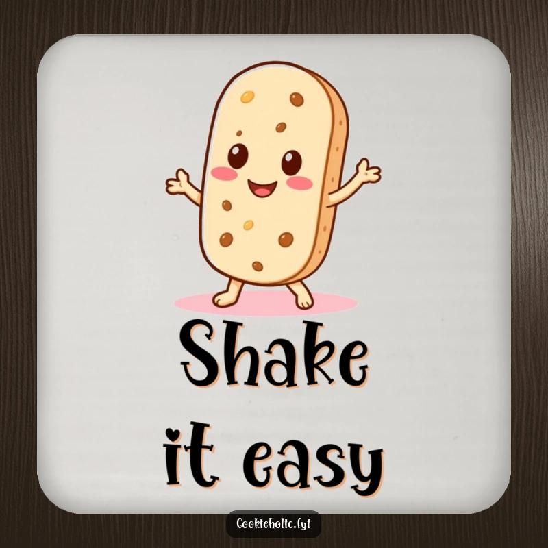 Funny drink coaster with a Kawaii wafer cookie character smiling and doing a little shimmy, representing fun and protective charm.