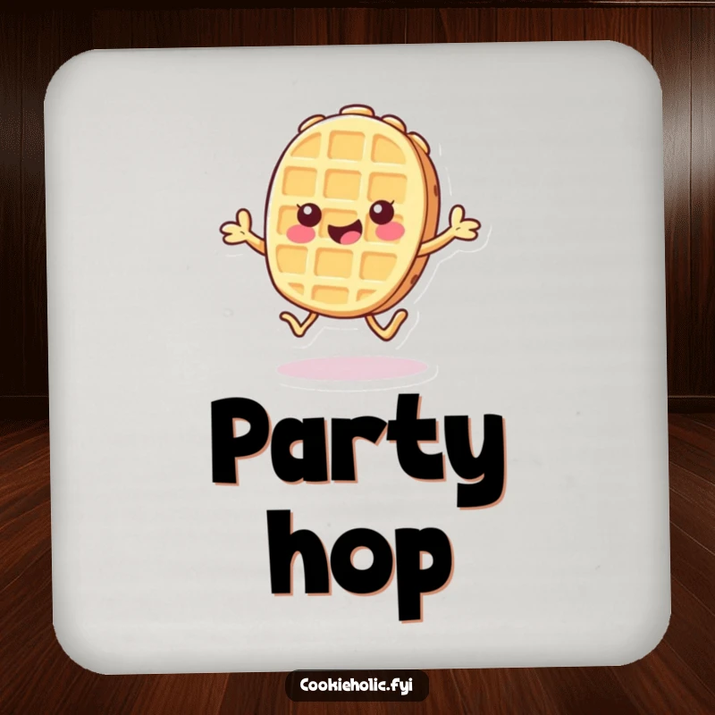 Funny drink coaster with a Kawaii waffle cookie character doing a cheerful hop, representing cheerful and protective charm.