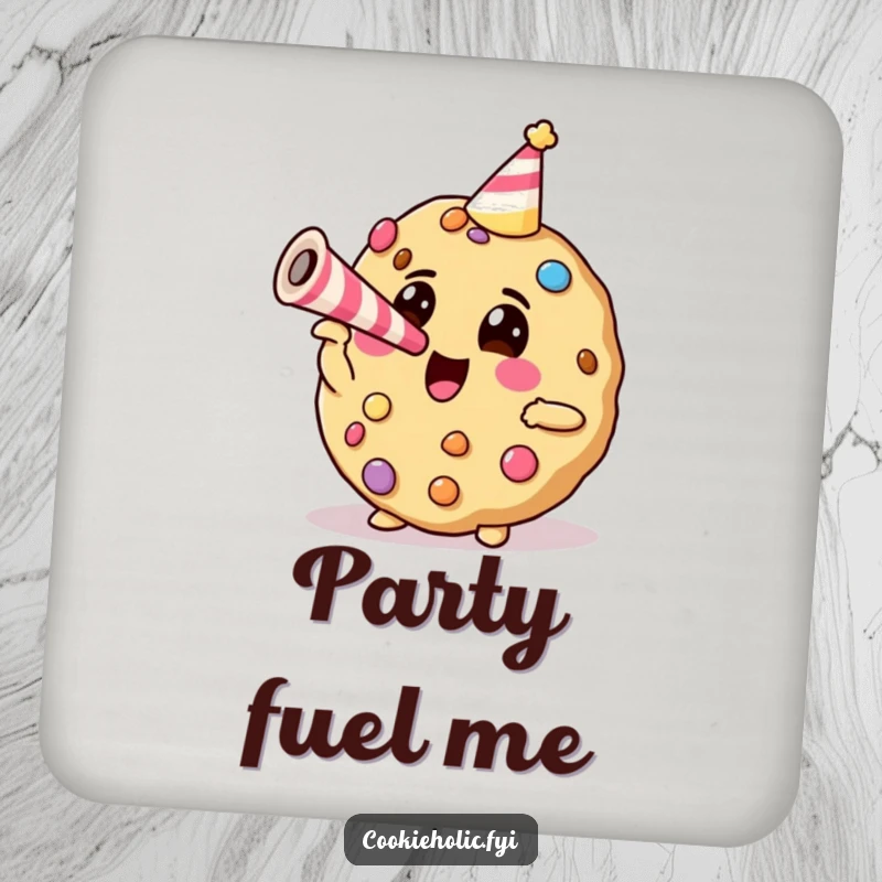 Funny cookie with candy decorations blowing a party horn, serving as a humorous and protective drink coaster.