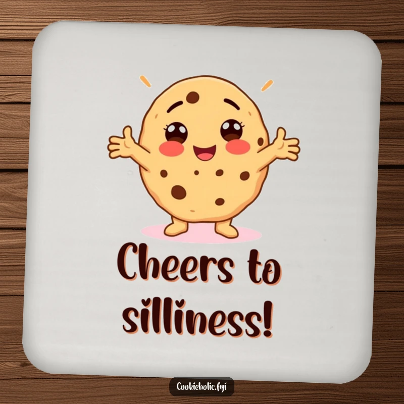 Funny Drink Coaster featuring a cookie in a silly, arms-outstretched pose, offering protection humorously.