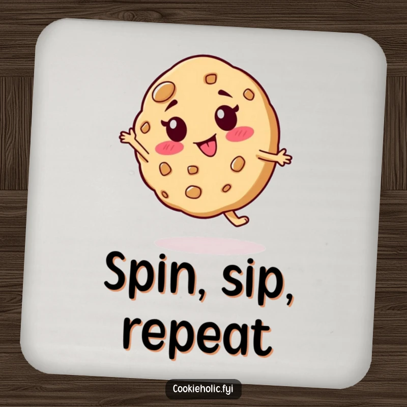 Funny coaster with a cookie character doing a silly spin, protecting surfaces with a humorous and energetic design.