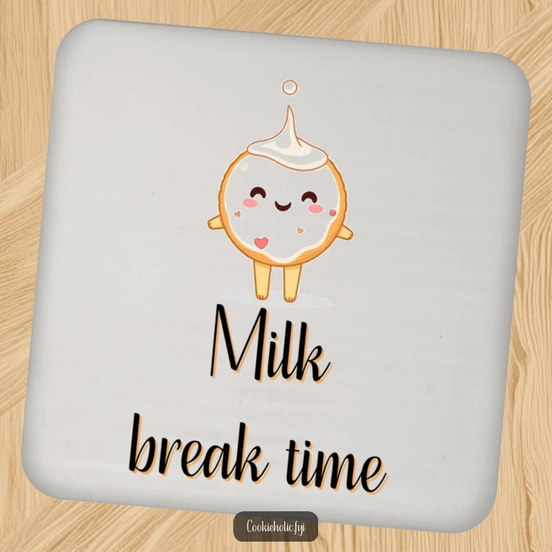 Funny sugar cookie character tiptoeing with a giant milk drop, presented on a coaster, providing a humorous and practical surface protection.