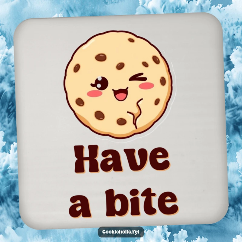 Funny drink coaster featuring a cookie with a bite missing, winking charmingly, adding humor to your table.