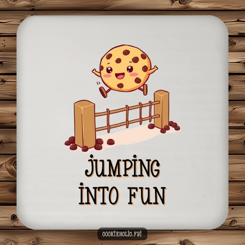 Funny Coaster: A cookie leaps over a chocolate chip fence, protecting surfaces with athletic, humorous flair.