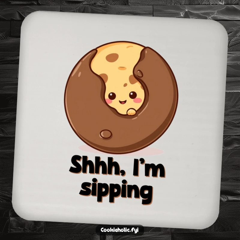 Funny shy cookie drink coasters, a cookie peeking from behind a chip, adding humorous protection.