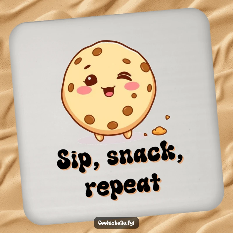 Funny giggling kawaii cookie character leaving a trail of crumbs, set of coasters for drink protection, cute and funny gift.