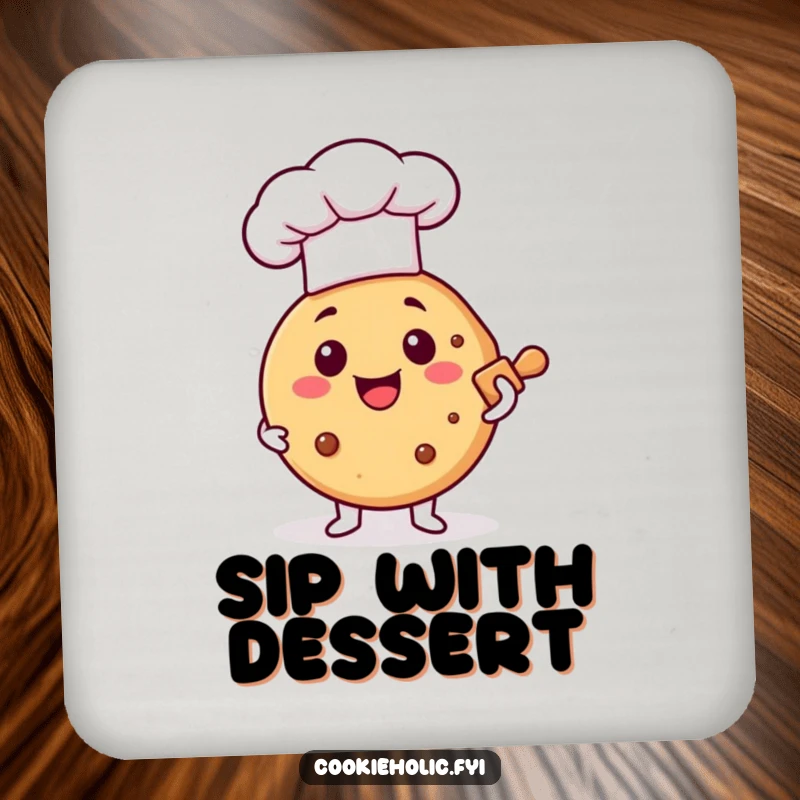 Funny coasters showcasing a happy cookie chef, protecting furniture with a humorous touch of baking sweetness.