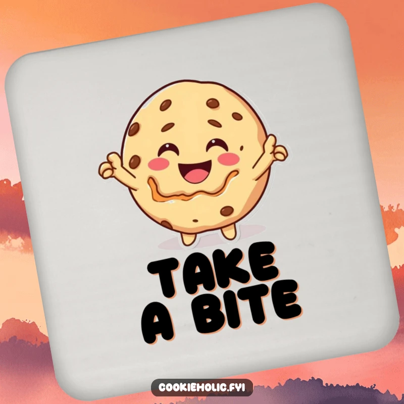 Funny Coaster: A happy Kawaii cookie character bites itself triumphantly, adding a bold touch to table protection.