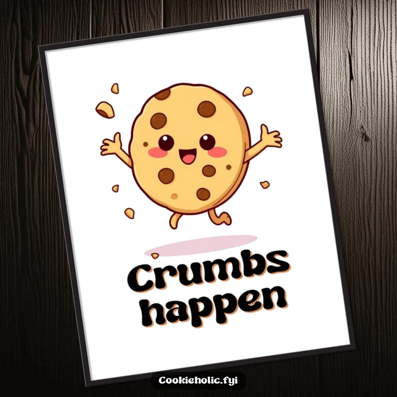 Funny poster depicting a cookie character in a lively dance, with crumbs flying, celebrating pure cookie bliss.