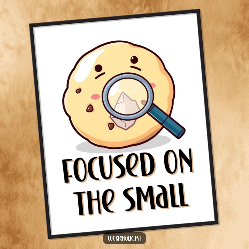 Funny Poster depicting a cookie with a magnifying glass, closely examining a sugar crystal with intense, sweet curiosity.