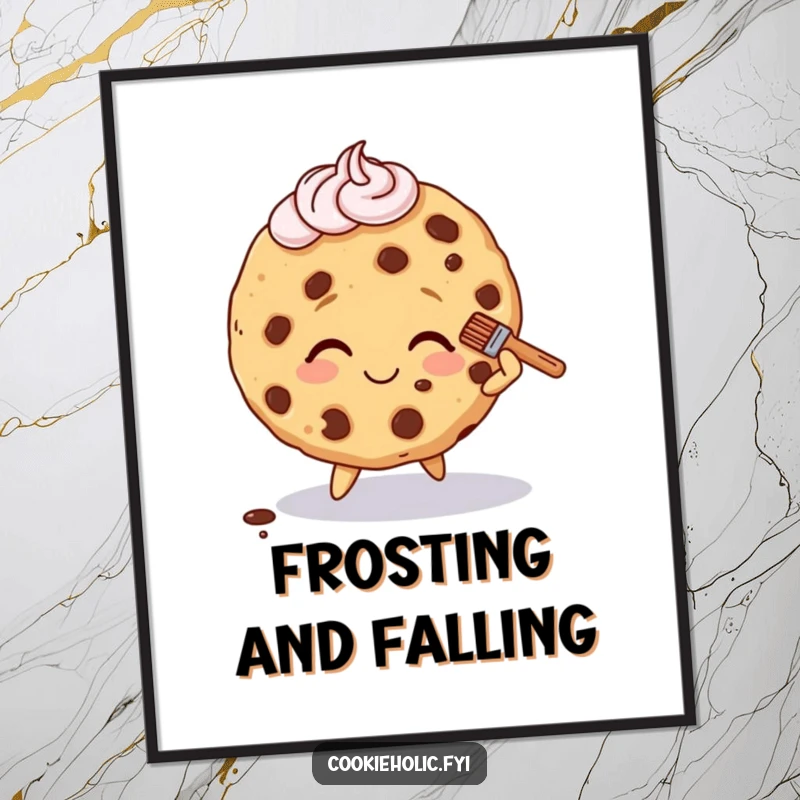 Funny poster featuring a cookie character tripping slightly, smiling, and brushing off frosting with good cheer.
