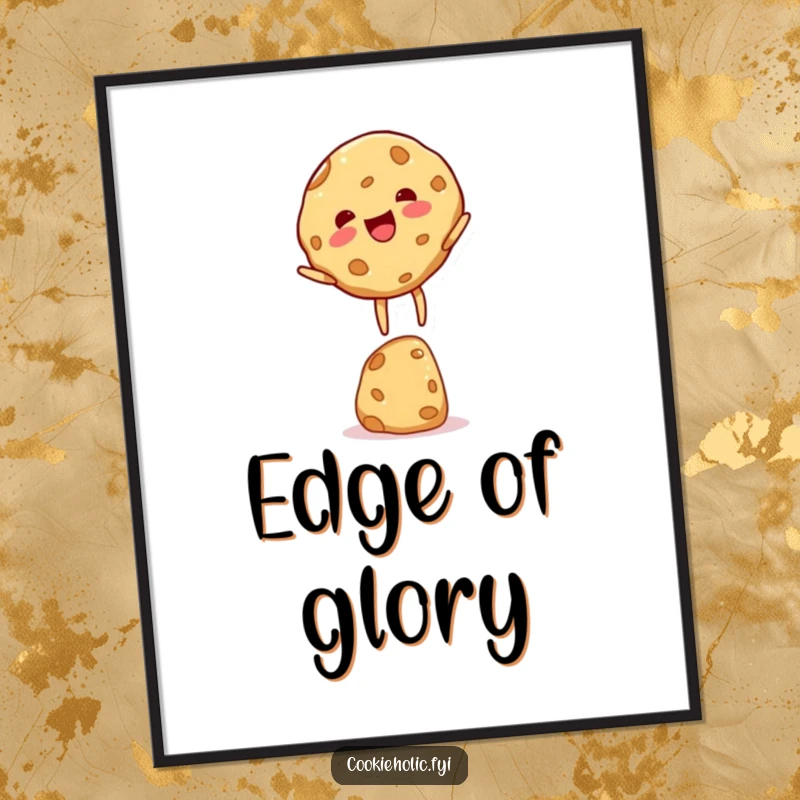 Funny cookie character poster, illustrating a cookie balancing on its edge with an expression of pure, unadulterated delight.