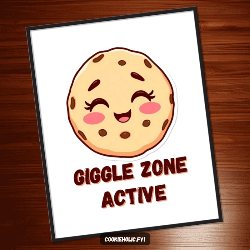 Funny poster featuring a cookie character with a happy, slightly messy face, giggling with pure delight.