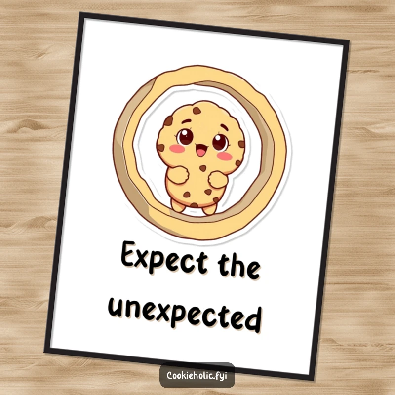 Funny poster illustrating a surprised cookie character comically stuck within a huge cookie cutter, a humorous baking scene.