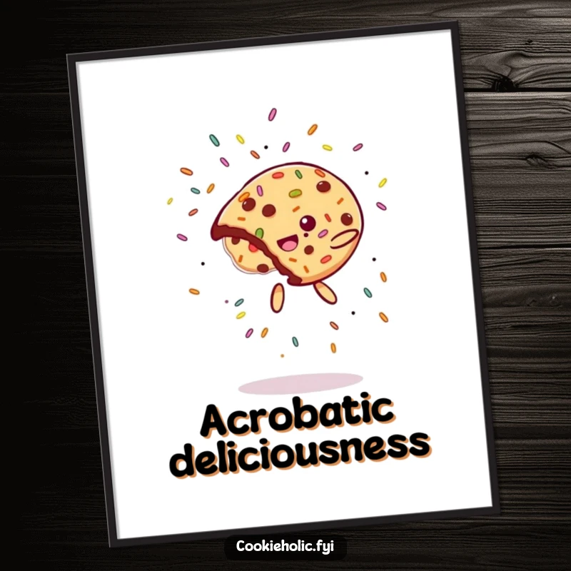 Funny Poster: A cookie executes a spectacular flip, with a vibrant explosion of sprinkles, a humorous and energetic illustration.