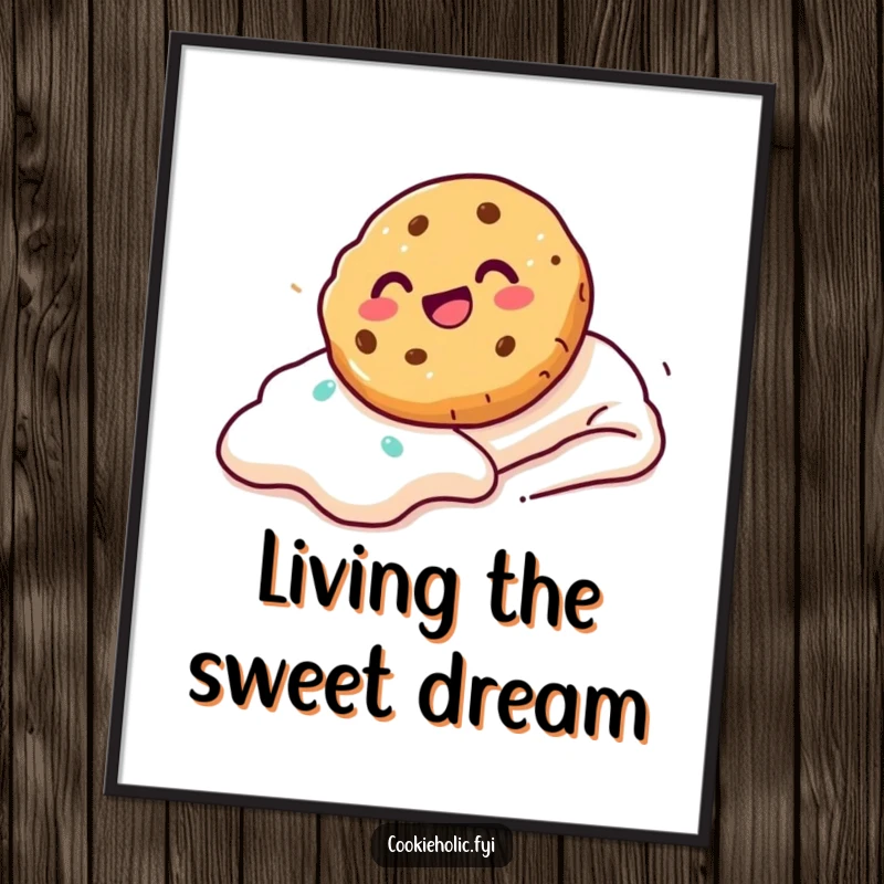 Funny Poster depicting a cookie gleefully sliding down a frosting slope, radiating pure joy and excitement.