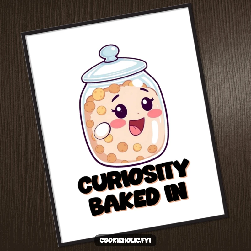 Funny Poster: A cookie jar character peeks out from its lid with an expression of pure delight. Whimsical and funny wall art.