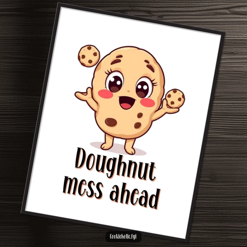 Funny poster showcasing a cookie character artistically juggling three small cookies, a delightful and humorous wall art piece.
