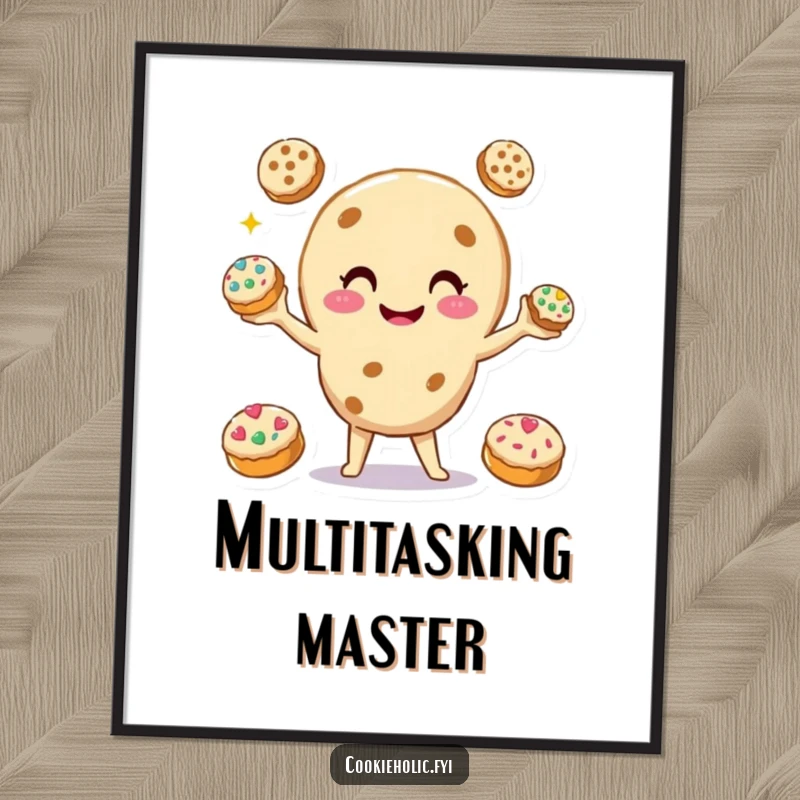 Funny Poster print of a smiling cookie character juggling three smaller, decorated cookies, a humorous representation of impressive multitasking.