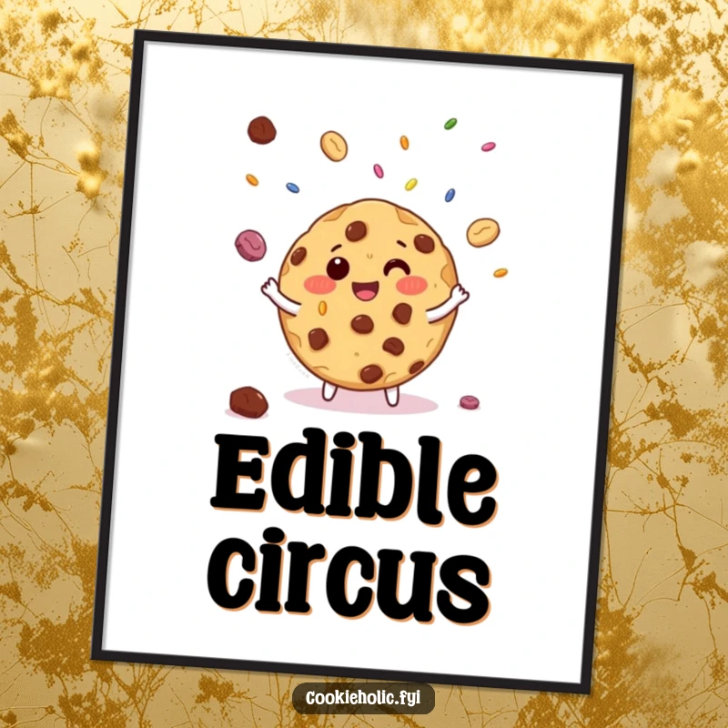 Funny poster showing a giggling chocolate chip cookie juggling miniature candy sprinkles, adding whimsical and sweet decor.
