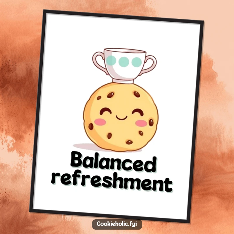 Funny cookie poster of a cookie with a frosting smile balancing a tiny teacup on its head, adding whimsical art.