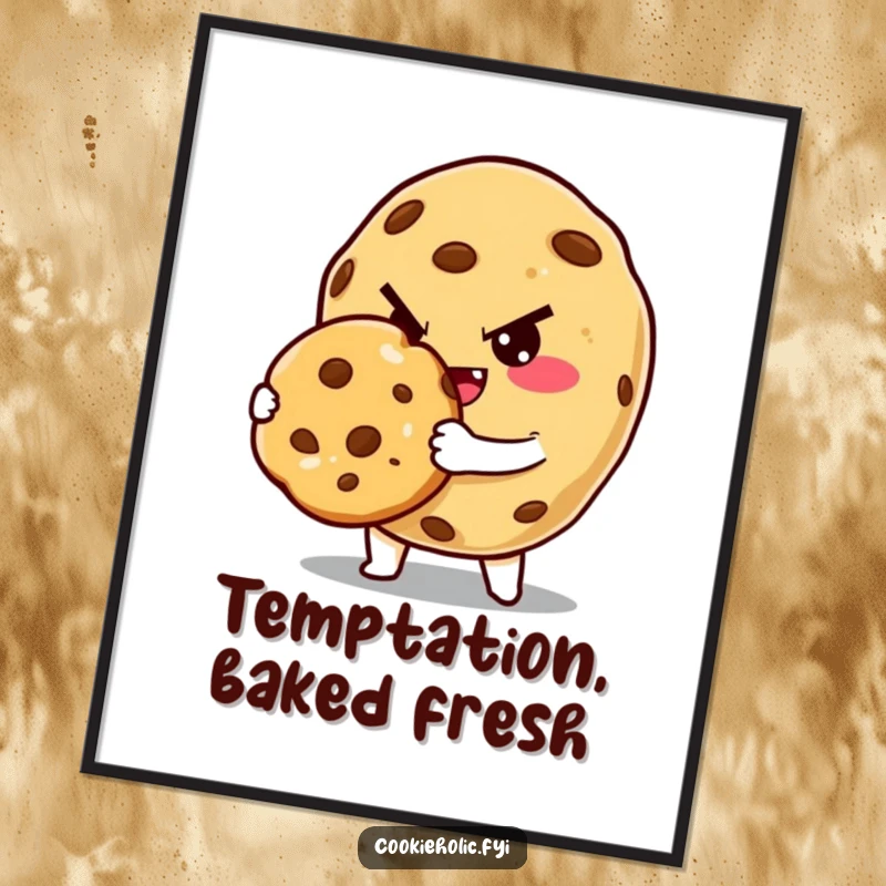 Funny Poster: A cookie character with a sly grin and a wink presents a perfectly baked cookie. Appetizing and funny wall art.