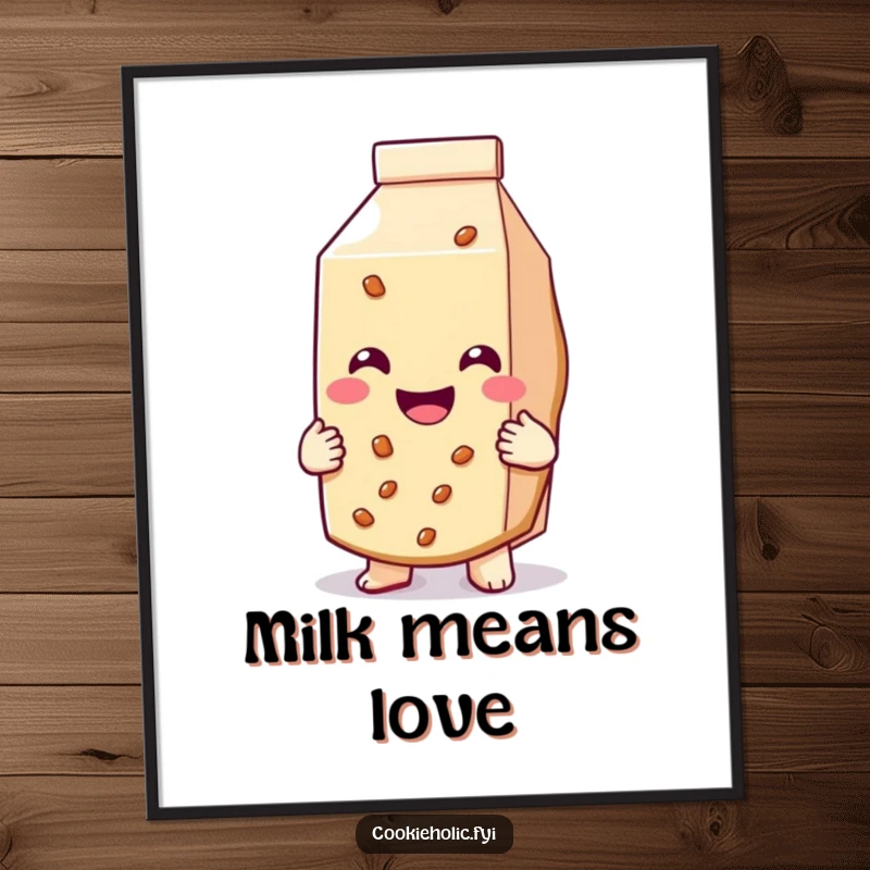 Funny poster depicting a cookie with a huge smile hugging a milk carton, celebrating a perfect pairing.