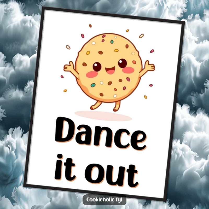 Funny Poster: A joyful Kawaii cookie character dances enthusiastically, scattering colorful sprinkles in a celebration of happiness.