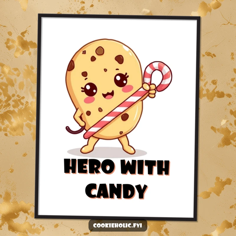 Funny Poster: A Kawaii cookie character holds a candy cane heroically, standing tall and brave.