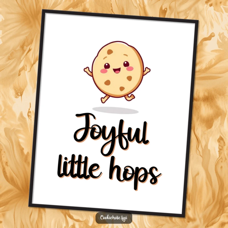 Funny poster artwork of a kawaii cookie character mid-hop, radiating pure happiness and sweetness, perfect for cheerful decor.