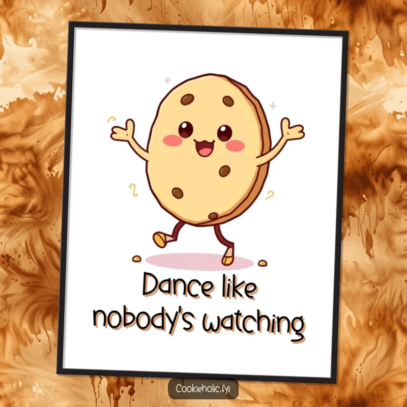 Funny poster print of a kawaii cookie character doing a silly jig, with crumbs falling from its feet, full of joy.