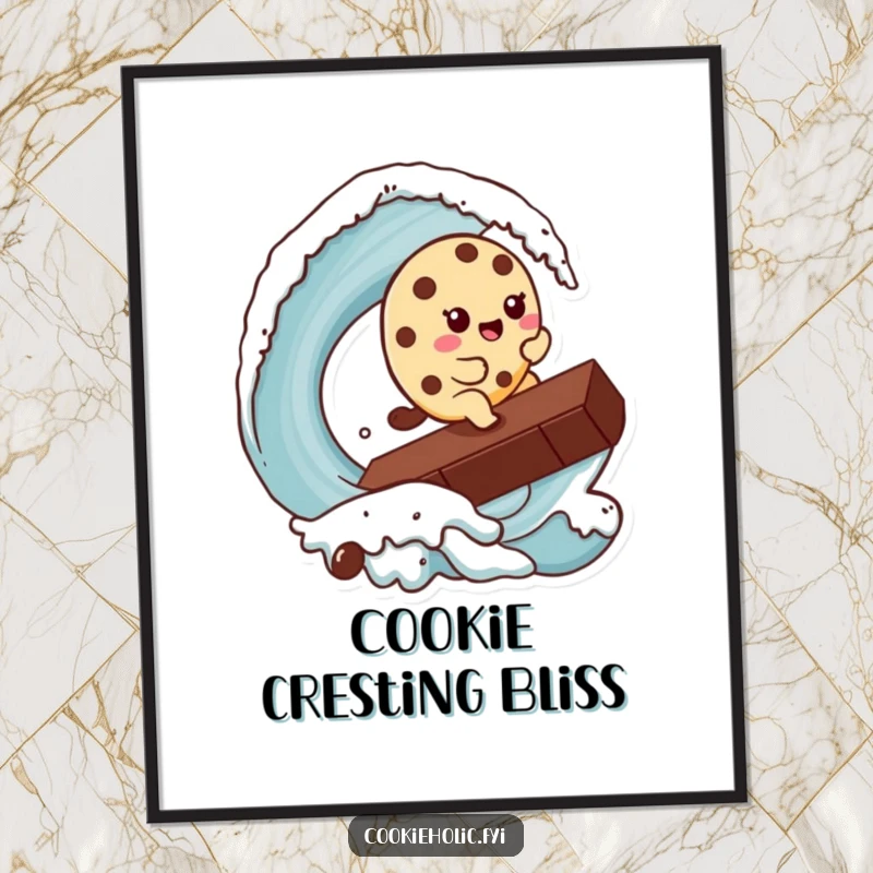 Funny Kawaii cookie character masterfully surfing a colossal chocolate chip, presented as vibrant, funny wall art.