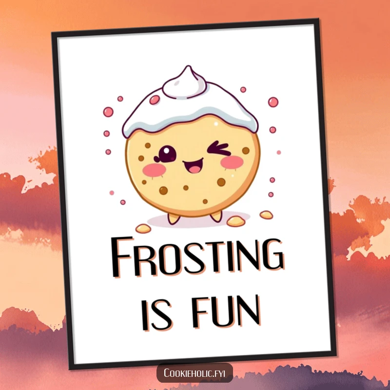 Funny Poster: A beaming Kawaii cookie character winks playfully while scattering frosting energetically.