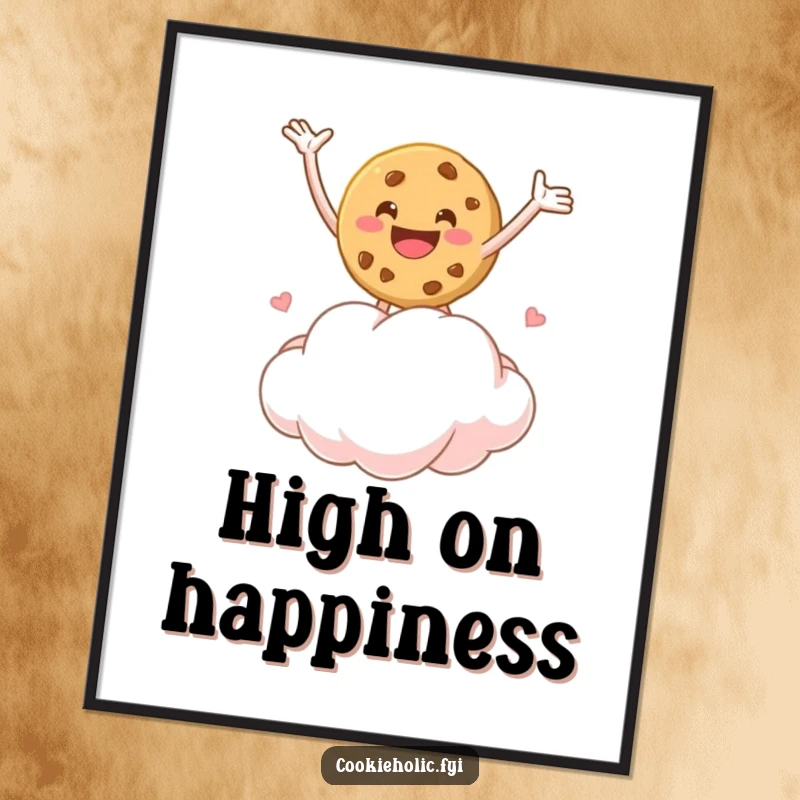 Funny poster depicting a cookie character gleefully bouncing on a soft marshmallow cloud, arms outstretched in happiness.