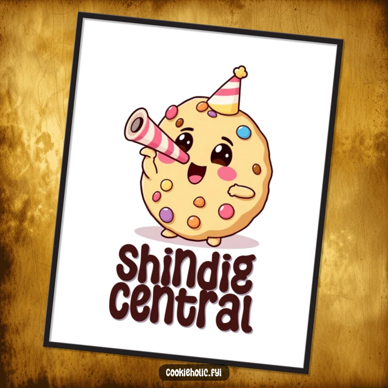 Funny cookie with candy decorations enthusiastically blowing a party horn, presented as vibrant poster art for festive wall decoration.