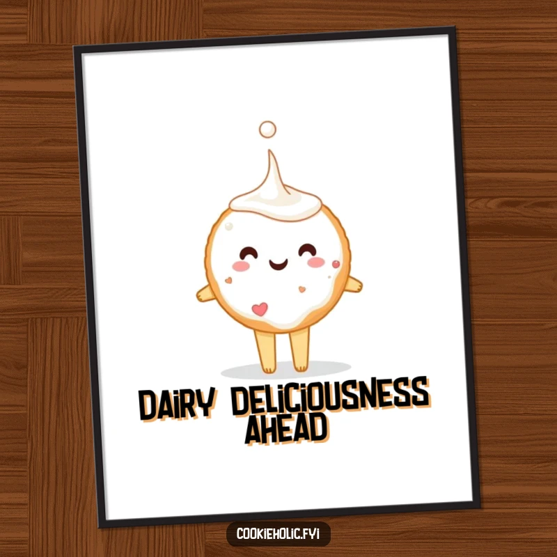 Funny sugar cookie tiptoeing with a giant milk drop, displayed as a vibrant poster, capturing a moment of sweet, comical suspense.