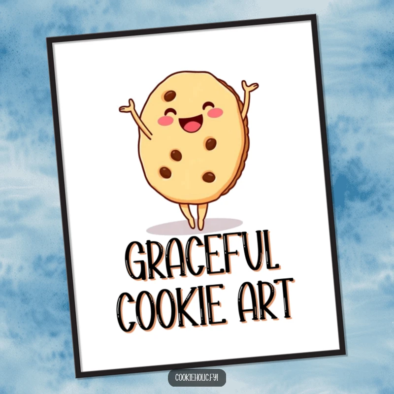 Funny cookie poster of a cookie with a big smile attempting a graceful ballet pose, adding whimsical art.