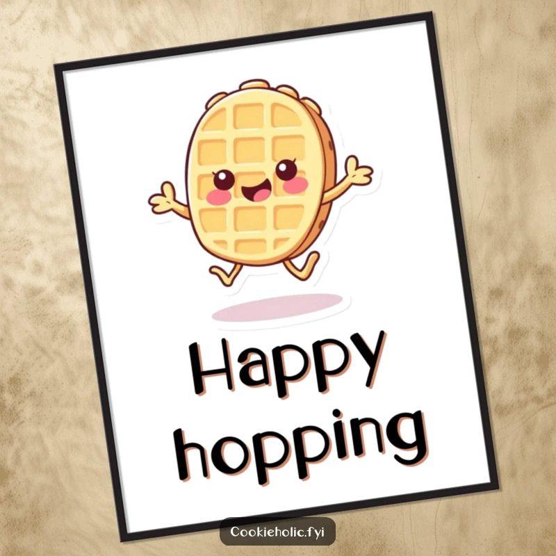 Funny poster art of a Kawaii waffle cookie character doing a cheerful hop, radiating pure joy and playfulness.