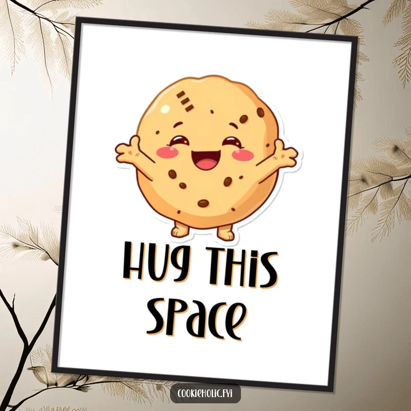 Funny poster of a cookie with a huge smile and arms outstretched, looking eager to give a warm and friendly hug.
