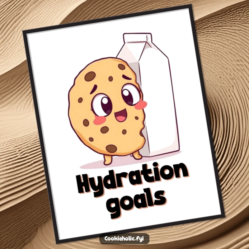 Funny Poster: A cookie with wide, excited eyes gazes at a huge milk carton, a humorous illustration of anticipation.