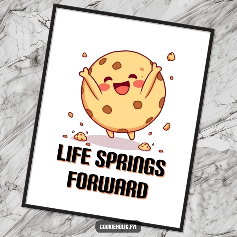Funny Poster print of a round cookie character doing a happy somersault with crumbs flying, a humorous representation of pure joy.