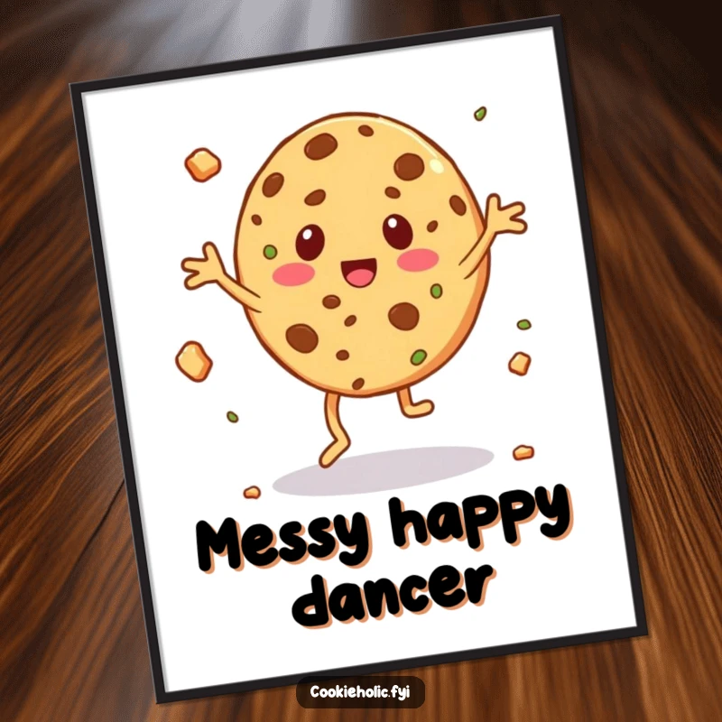 Funny poster print of a cookie character performing a silly jig, with celebratory crumbs flying everywhere.