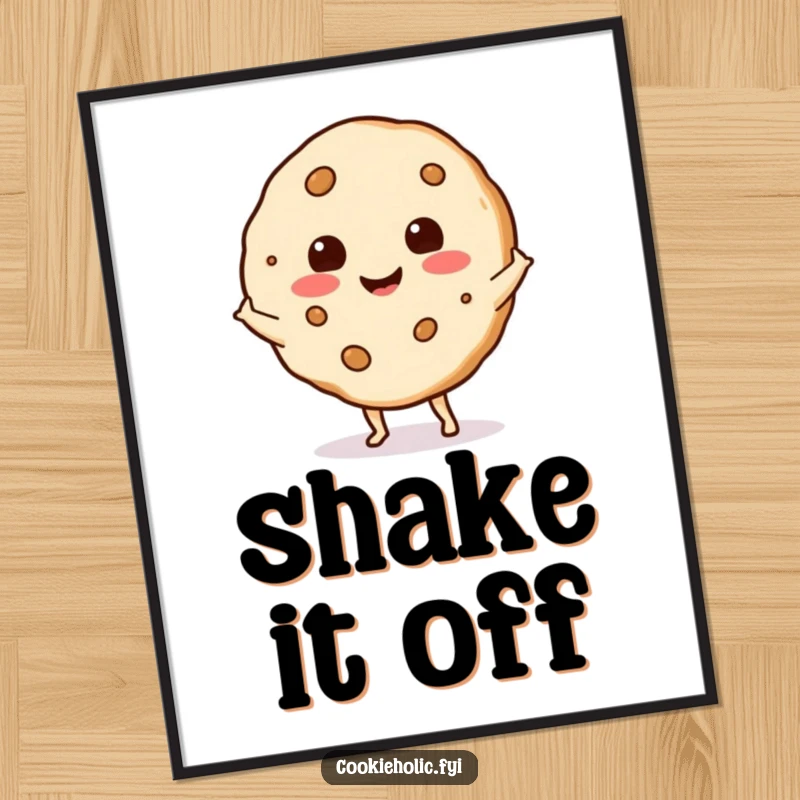 Funny cookie with a happy expression doing a lively shimmy dance, presented as vibrant poster art.