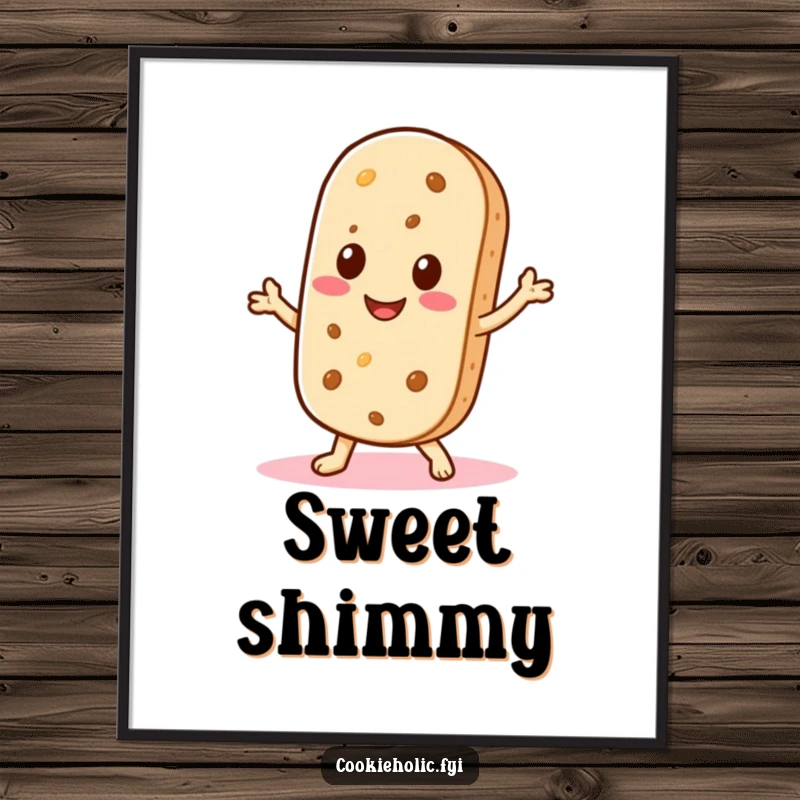 Funny poster art of a Kawaii wafer cookie character smiling and doing a little shimmy, radiating playful joy and fun.