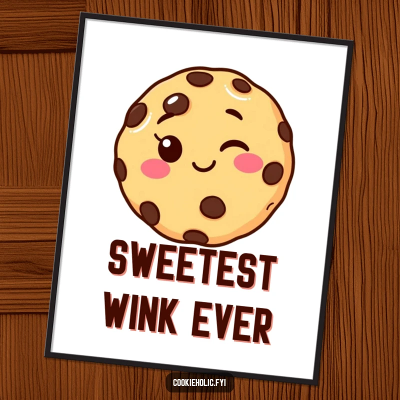 Funny winking chocolate chip cookie poster, a whimsical wall art depicting a smiling cookie with a playful wink for humorous decor.
