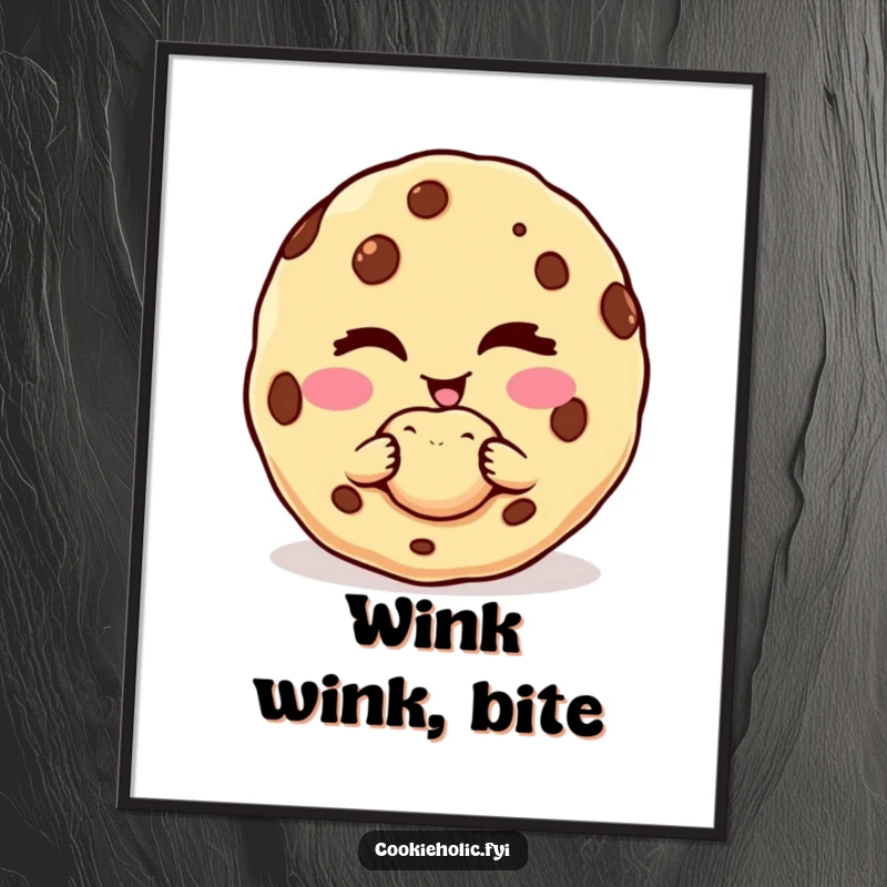 Funny poster featuring a cookie character winking slyly while offering a perfect, delectable bite.