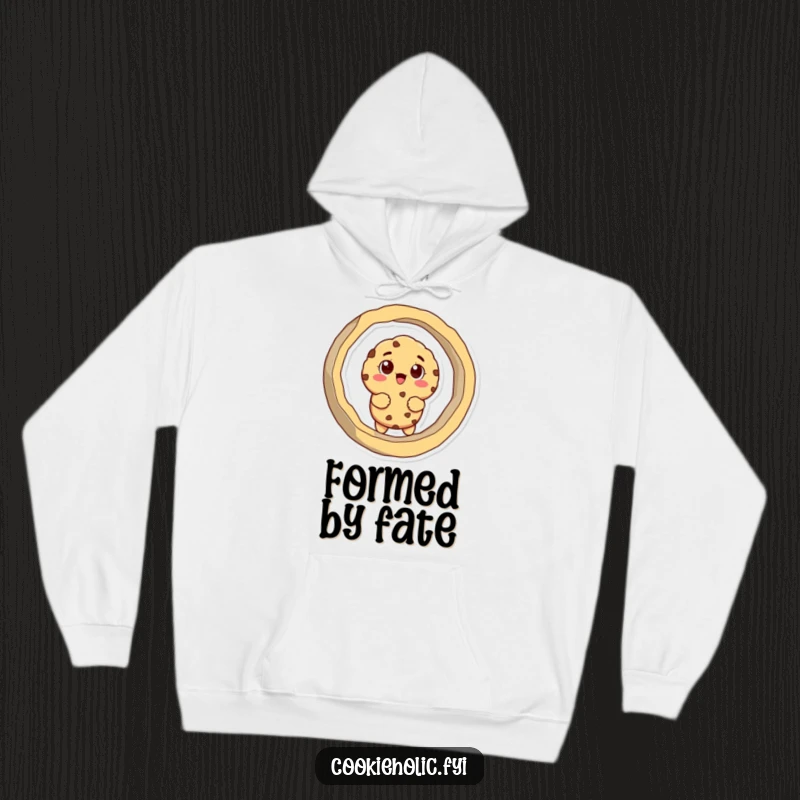 Funny hoodie depicting a cookie character comically stuck in a large cookie cutter, offering warmth and humor.