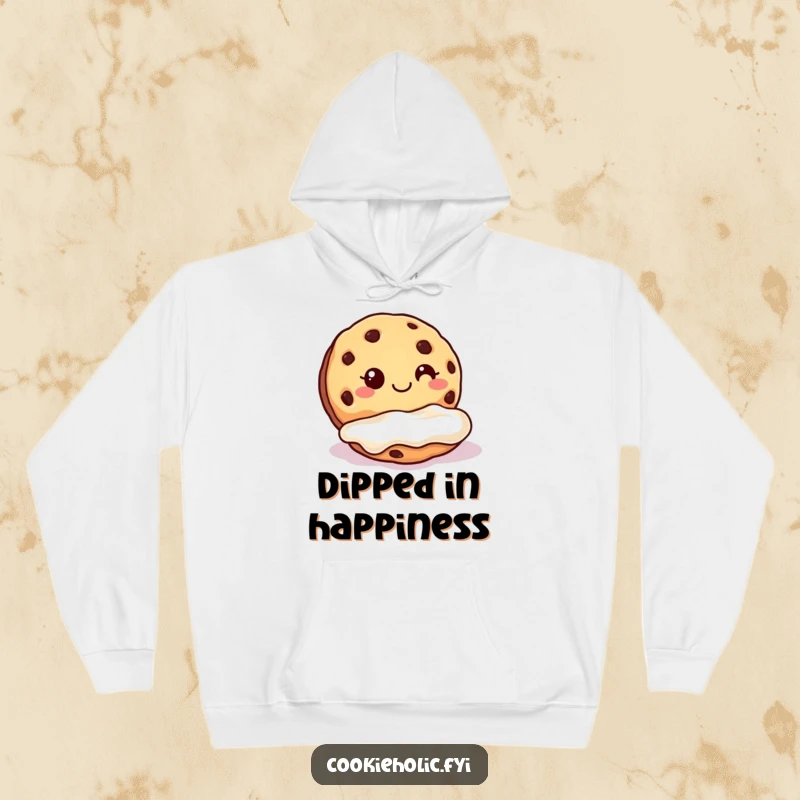 Funny cookie frosting hoodie showing a cookie with a grin dunking into a pool of frosting, snug and sweet.