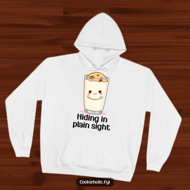 Funny cookie peek hoodie featuring a naughty cookie hiding behind a huge milk glass, perfect for cozy mischief.