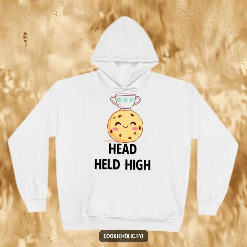 Funny cookie hoodie depicting a smiling cookie expertly balancing a tiny teacup on its head, looking sweet and composed.